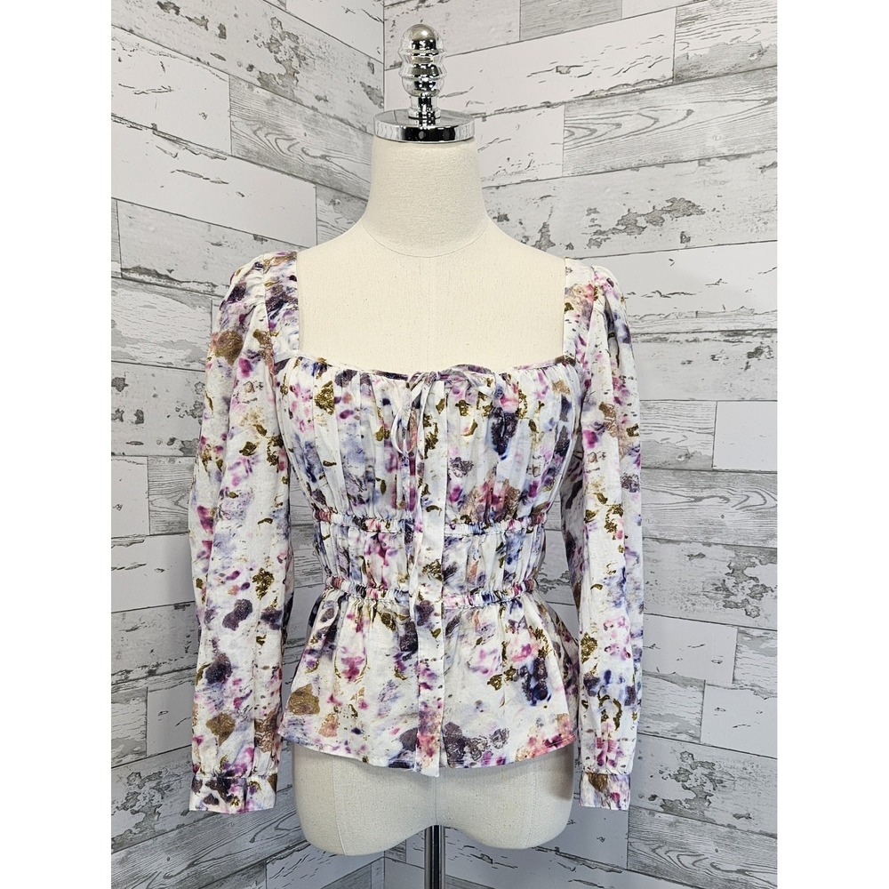J Crew Floral Gold Foil Smocked Waist Puff Sleeve Cotton Top Size 2